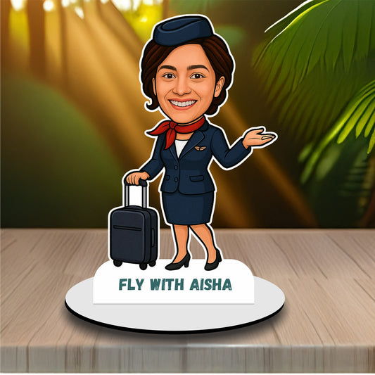 Personalized Air Hostess Caricature Standee with Custom Face and Name – Gift for Flight Attendants & Aviation Lovers