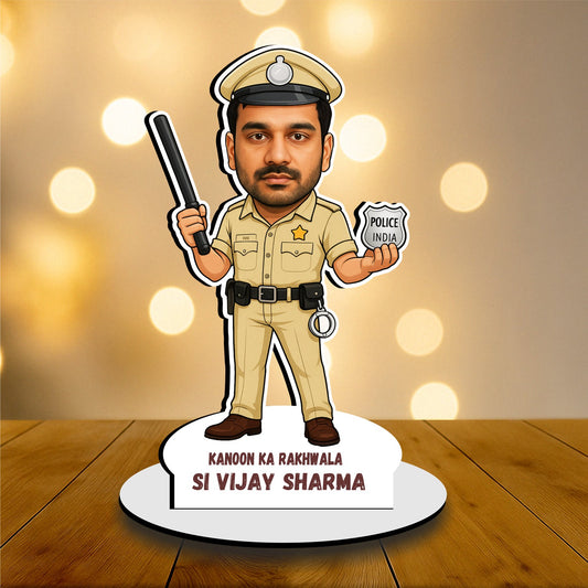 Personalized Indian Police Caricature Standee Gift – Custom Face & Name on Wooden Frame