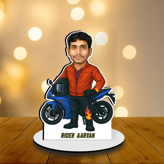 Personalized Bike Rider Caricature on Premium Wood – Custom Face & Text