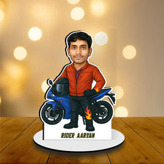 Personalized Bike Rider Caricature on Premium Wood – Custom Face & Text