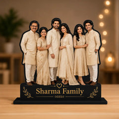 A personalized family photo standee featuring seven individuals in cream-colored traditional South Asian clothing, mounted on a black base with gold text reading 'Sharma Family' and decorative gold leaf motifs, set against a warm, softly blurred indoor background.