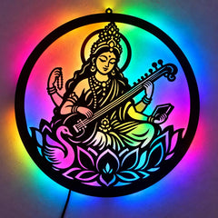Maa Saraswati LED Wall Decor Light – Saraswati Devi, Vagdevi, Sharada, Vidya Devi, Veena Vadini Wall Art for Home & School